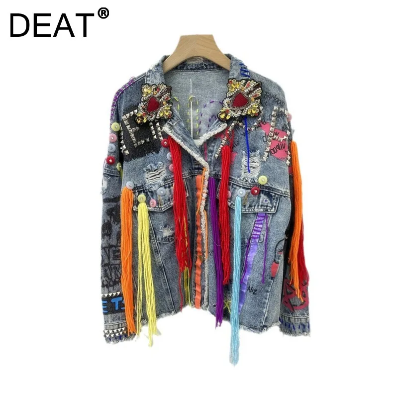 DEAT женское джинсовое пальто свободные куртки с кисточками в стиле пэчворк