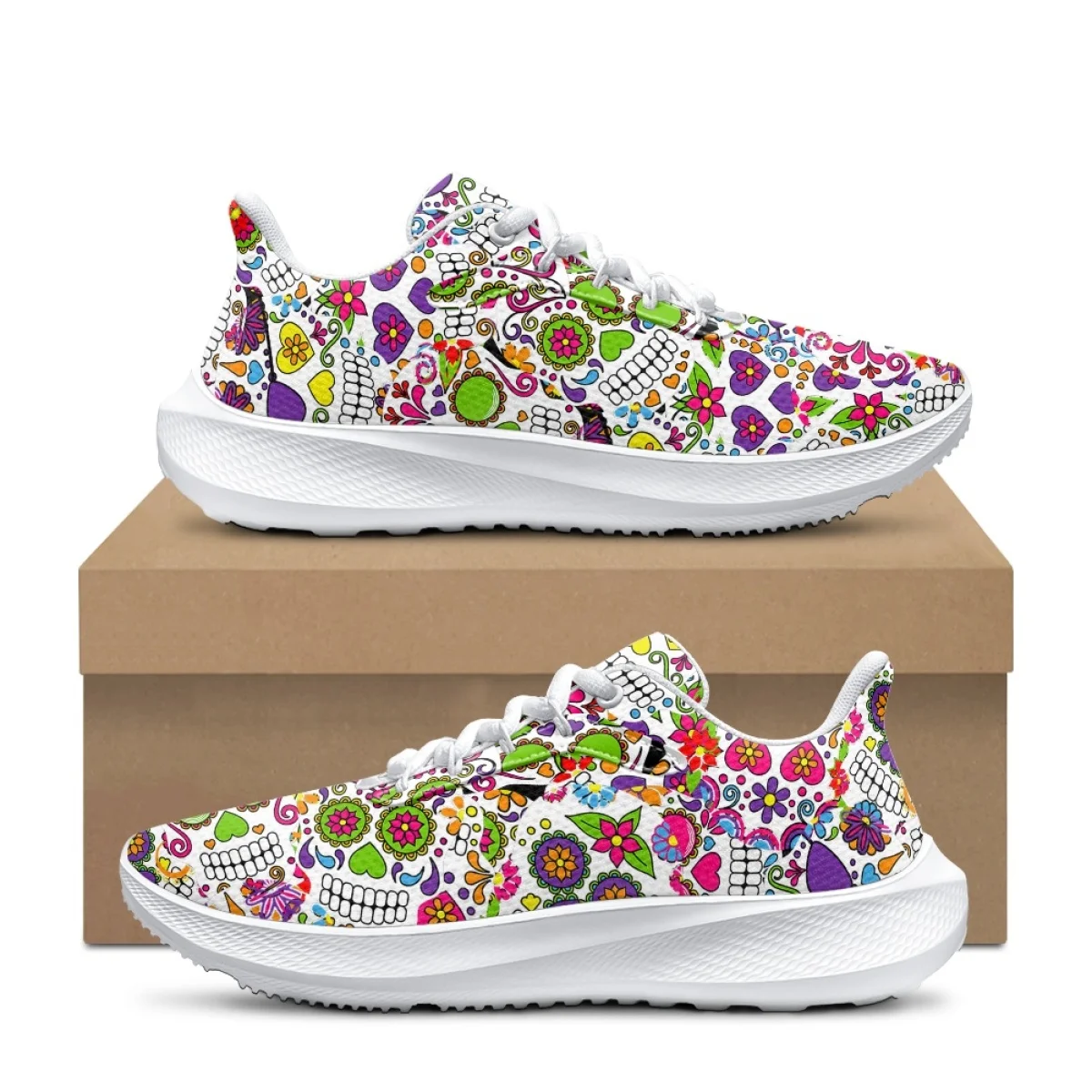 

Colorful Skull Cartoon Print Flower Women Sneakers Dirt Resistant Round Toe Outdoor Travel Sport Shoes Fashion Durable Footwear