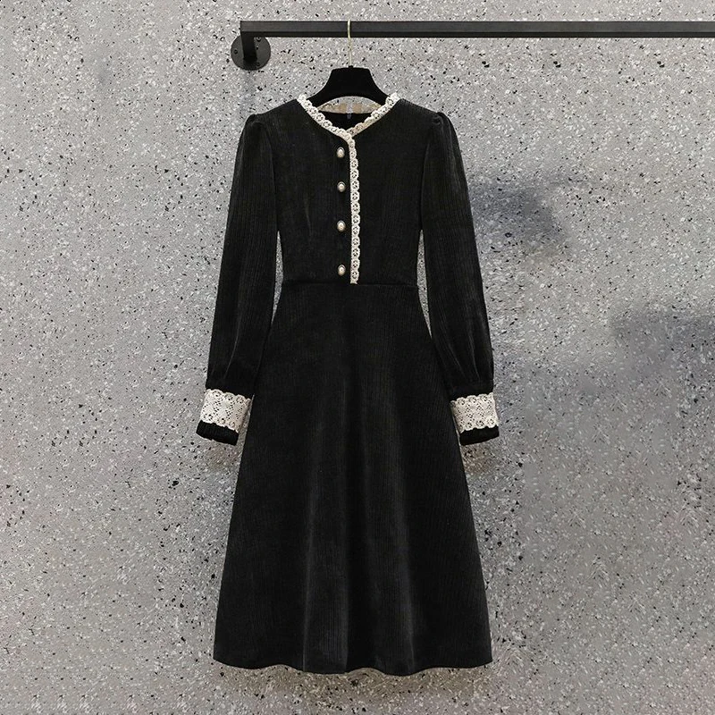 

2022 Autumn Dress Corduroy Medium Length Black French Retro vestidos elegantes para mujer vestidos de fiesta