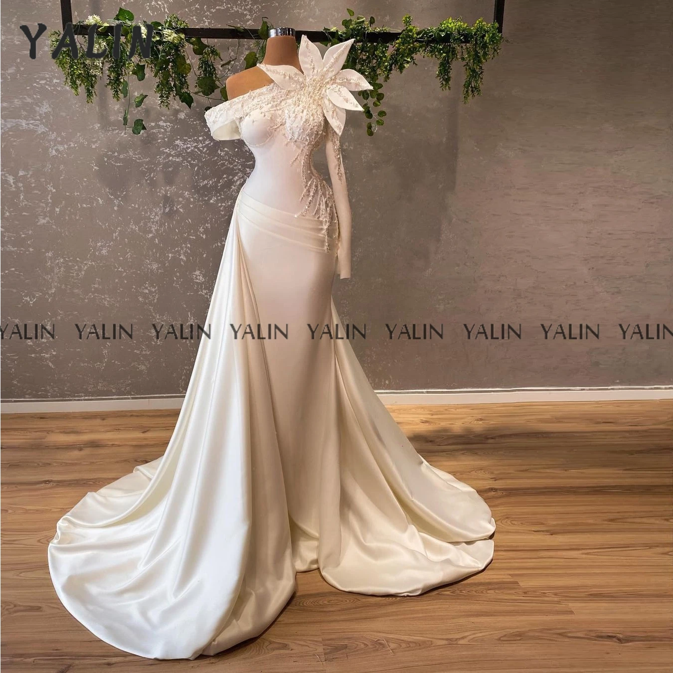 

YALIN Off Shoulder Evening Dress White Floor vestido formal Elegant Flower Sexy High Quality One Sleeve Card Shoulder Ball Grown