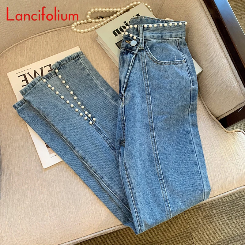 Pearl Denim Pants Spring Fall Slim Korean Kawaii Patchwork Split High Waist Wide Leg Y2k 90S Indie School Jeans Pants Women 2022 images - 6