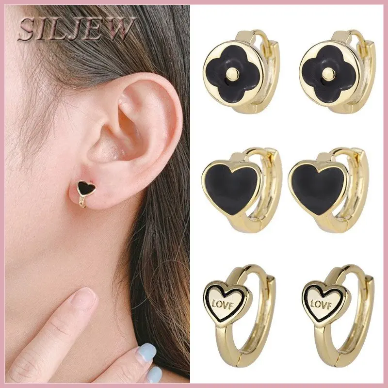 

Cute Gold Color Black Heart/Flower Hoop Earring for Women Handmade Enamel Romantic Wedding Daily Party Circle Earrings Jewelry