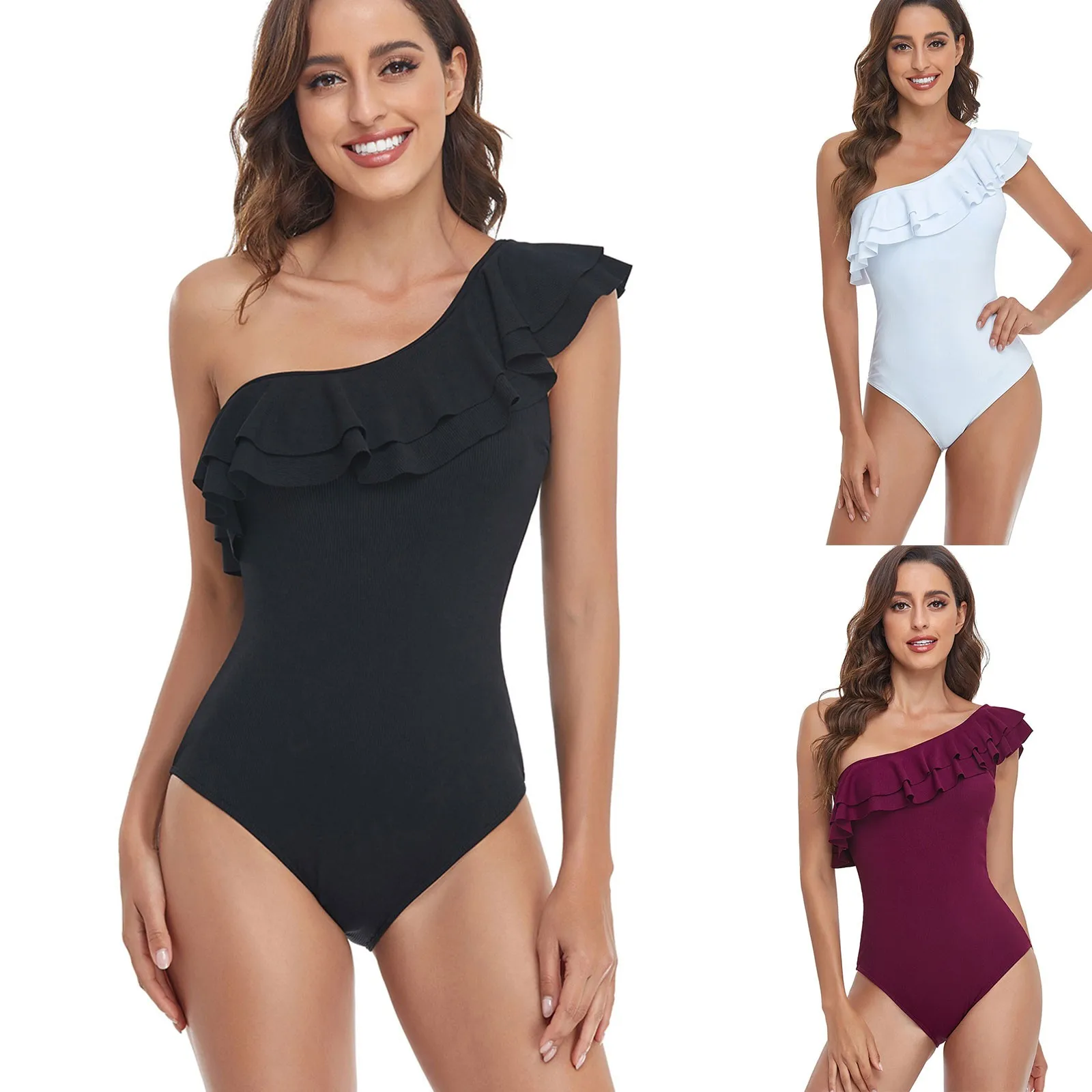 

Sexy Bikini Woman Black And Women Solid Black One Shoulder Swimsuit Sexy Ruffled Bikini Casual One-piece Swimsuit Swimwear Women