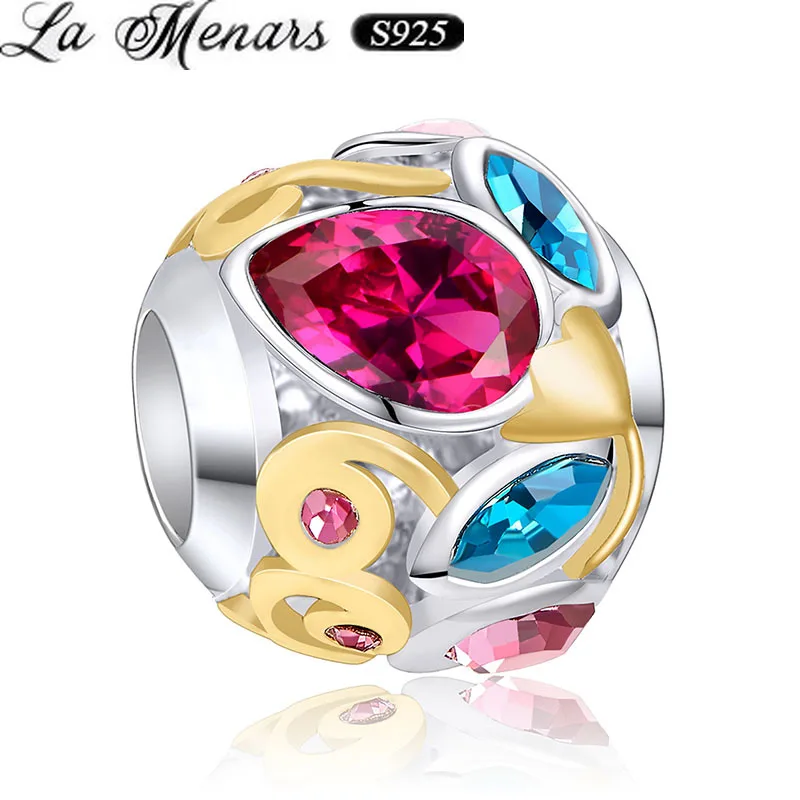 

La Menars New Arrival 925 Sterling Silver Charm Pink Blue Crystal CZ Round Beads fit Charms Bracelets Necklaces Jewelry Making
