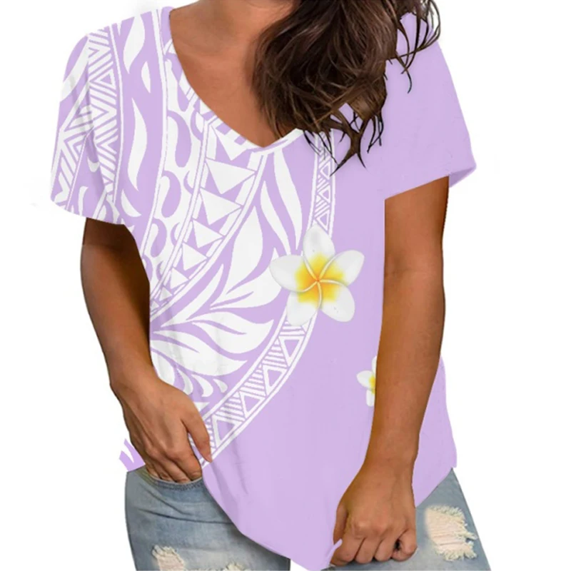 

HYCOOL Sexy V-Neck Summer Short Sleeve Women Tshirt For Leggings Polynesian Tribal Loose Fit Casual Tops & Blouses Hibiscus Prin