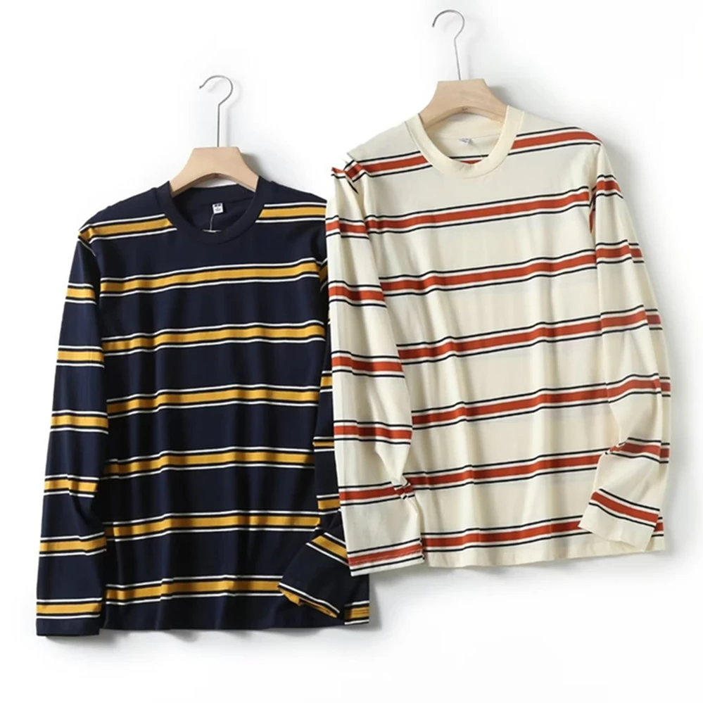 

Withered Boyfriend Style Loose Cotton Tops S-XL Japanese Couple Same Style Round Neck Striped Basic T-shirt