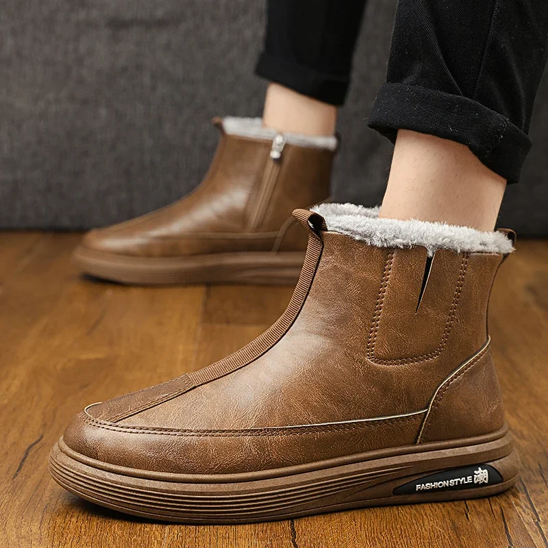 

Зимние мужские сохраняющие тепло Короткие Плюшевые ботинки для снега 2023 модная Новая повседневная обувь на платформе без шнуровки для мужчин уличные мужские ботинки челси