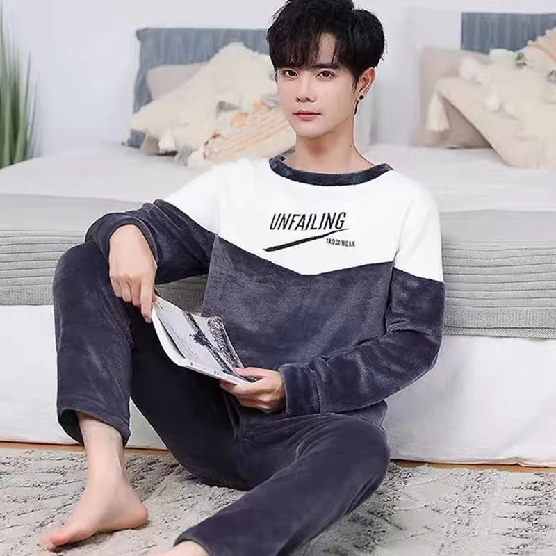 Men's Fashion Coral Fleece Pajamas Autumn and Winter Warm Panda Print Thicken Long Homewear Suit