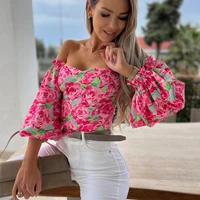 puff sleeve print womens blouse sexy slash neck floral off shoulder skinny female blouses spring summer fashion backless top