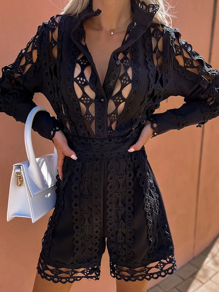 Fashion Women Solid Embroidered Hollow Patchwork Romper Elegant Long Sleeve Stand Collar Button Jumpsuit Ladies Casual Bodysuit
