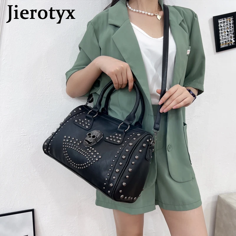 JIEROTYX Trendy Metal Skull Studded Black Handbags Gothic Rivet Womens Purse Satchel Handbag Shoulder Bags Large Capacity