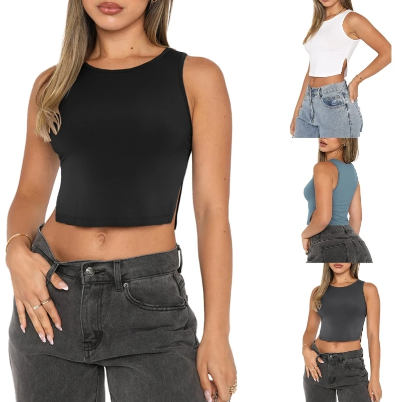 

Women Summer Sleeveless Round Neck Racerback Crop Tank Top Basic Solid Color Sexy Side Split Casual Slim-Fitted T-Shirts