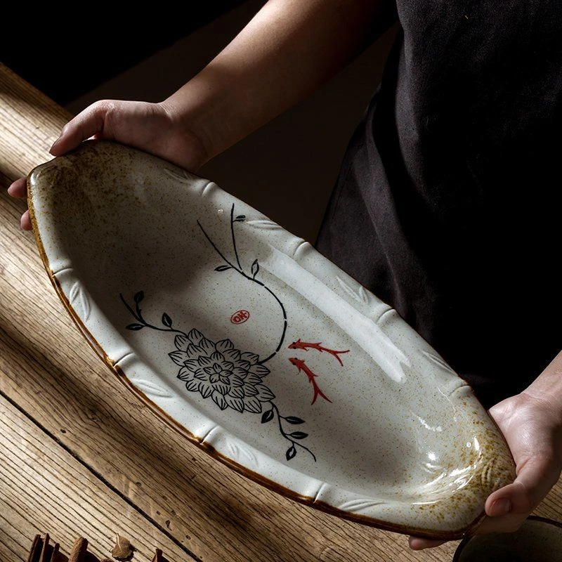 14 Inch Retro Ceramic Tableware Creative Plate Dish Snack Storage Fish Pan Fine Dinner Plate Kitchen Decorative Accessories