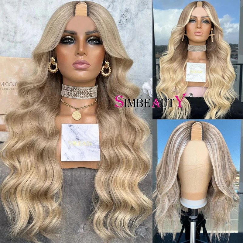 Ash Blonde Body Wave U Part Human Hair Wigs for Women Glueless Platinum Blonde Highlight 1x4 Opening U Part Wigs with 6Clips