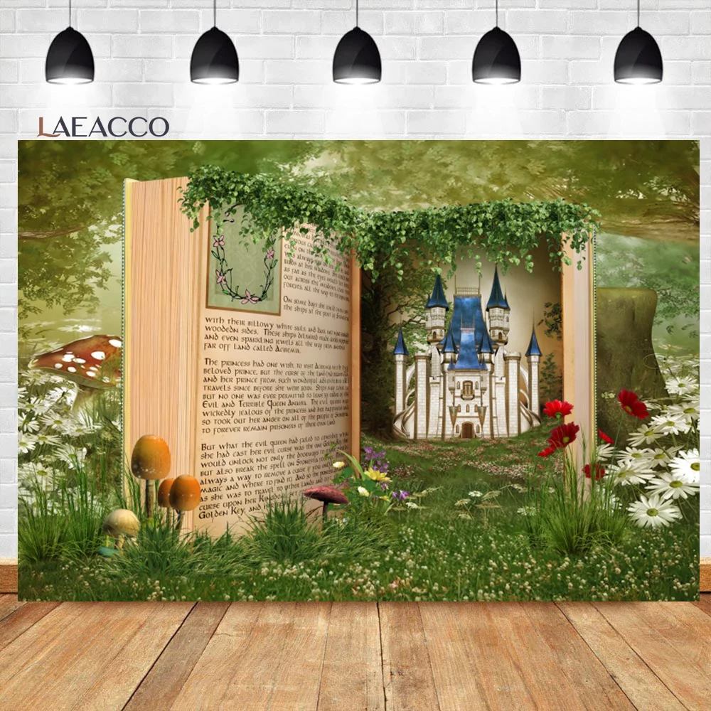 

Laeacco Fairy Tale Forest Books Backdrop Dreamy Ancient Castle Girls Birthday Baby Shower Portrait Custom Photography Background
