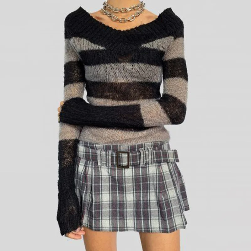 

Cropped Sweaters Women Loose Striped Lazy Student Autumn Long Sleeve Chic Stylish Popular Ladies Pullovers Soft Knitted Wear Ins