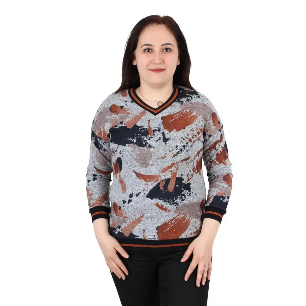 

Fierte Women Plus Size Blouse Grnd8213 V Collar Sports Pattern Long Sleeve Knitwear Spring Autumn Casual