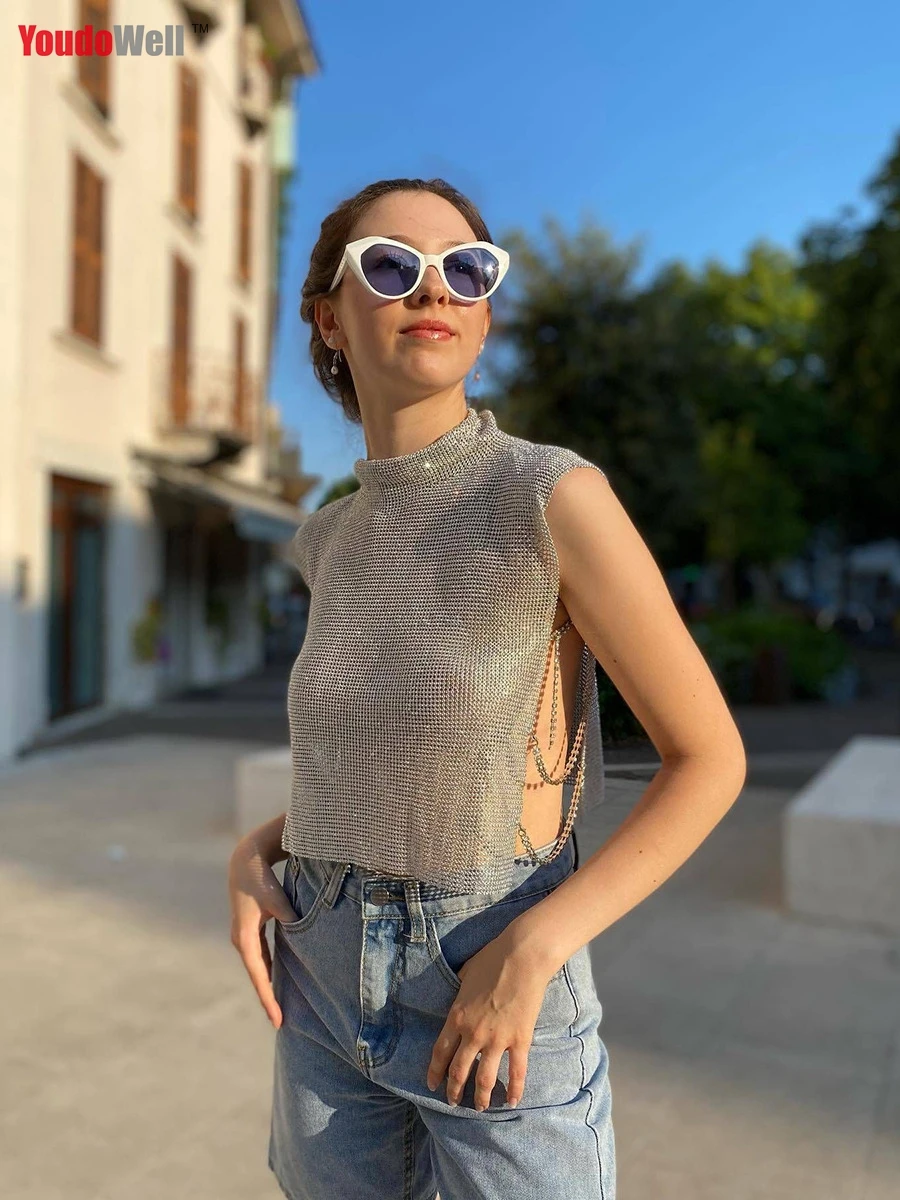 

Summer 2023 Sexy Rhinestone Stand -Up Metal Top -Back Hollow Nightclub Party Wine Club Carnival Festive Vest of Woman