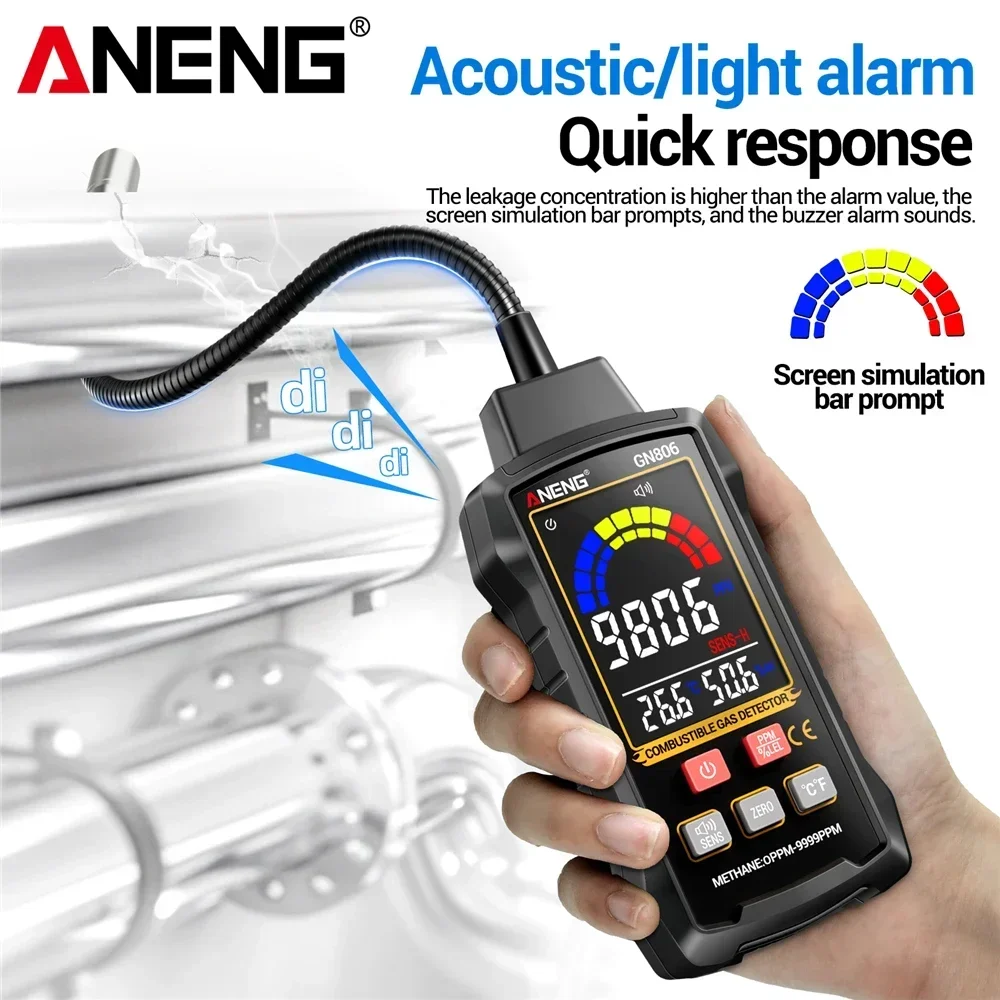 Фото Детектор горючих газов ANENG GN806, 0-9999PPM, 3 уровня чувствительности, регулируемая чувствительность, цветной VA-экран, звуковая сигнализация, для дома и промышленности №3