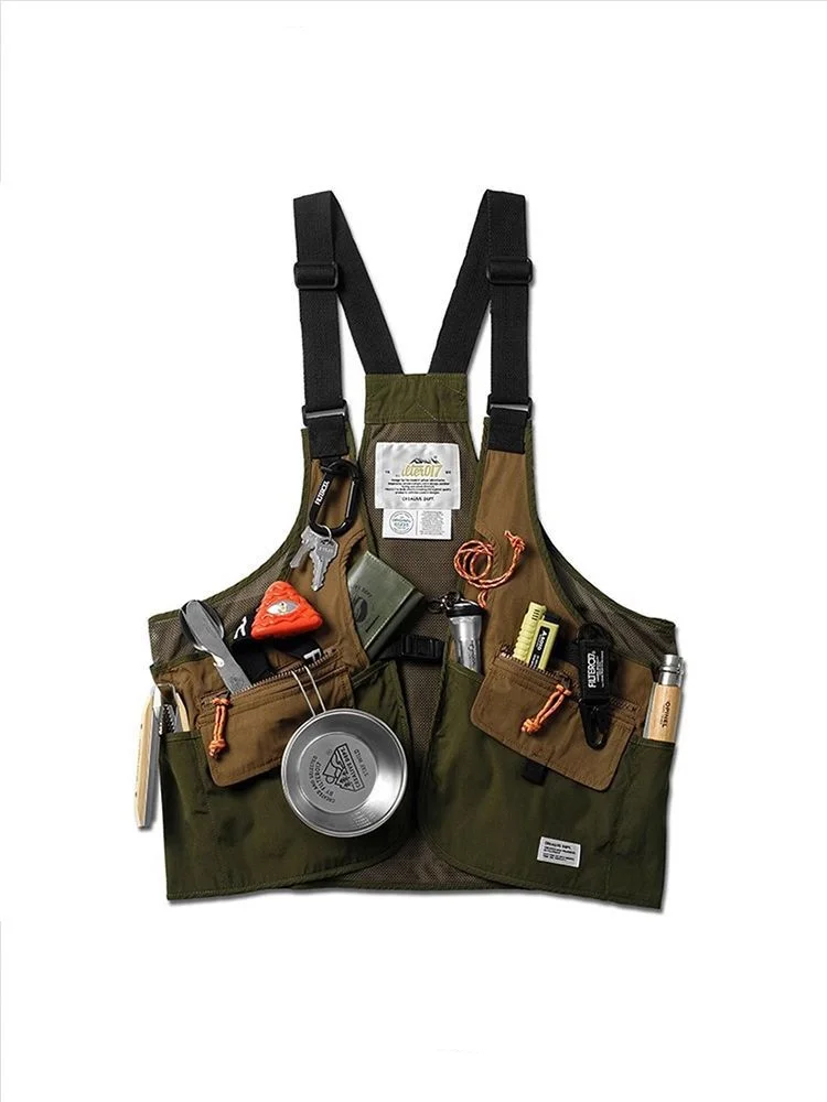 Фото Настраиваемый логотип High Street Cargo Vest для мужчин и женщин, уличный тактический жилет с несколькими карманами для рыбалки, повседневная стильная куртка с цветными блоками №2
