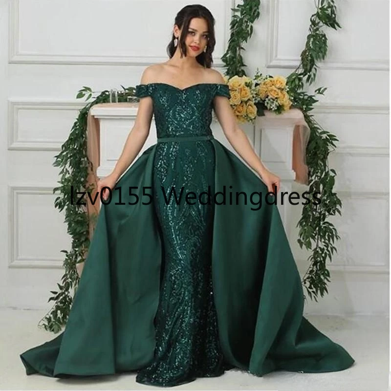 Sexy Dark Green Mermaid Prom Dresses  Sequins African Formal Evening Dress Party Wear with Detachable Overskirt robes de soirée