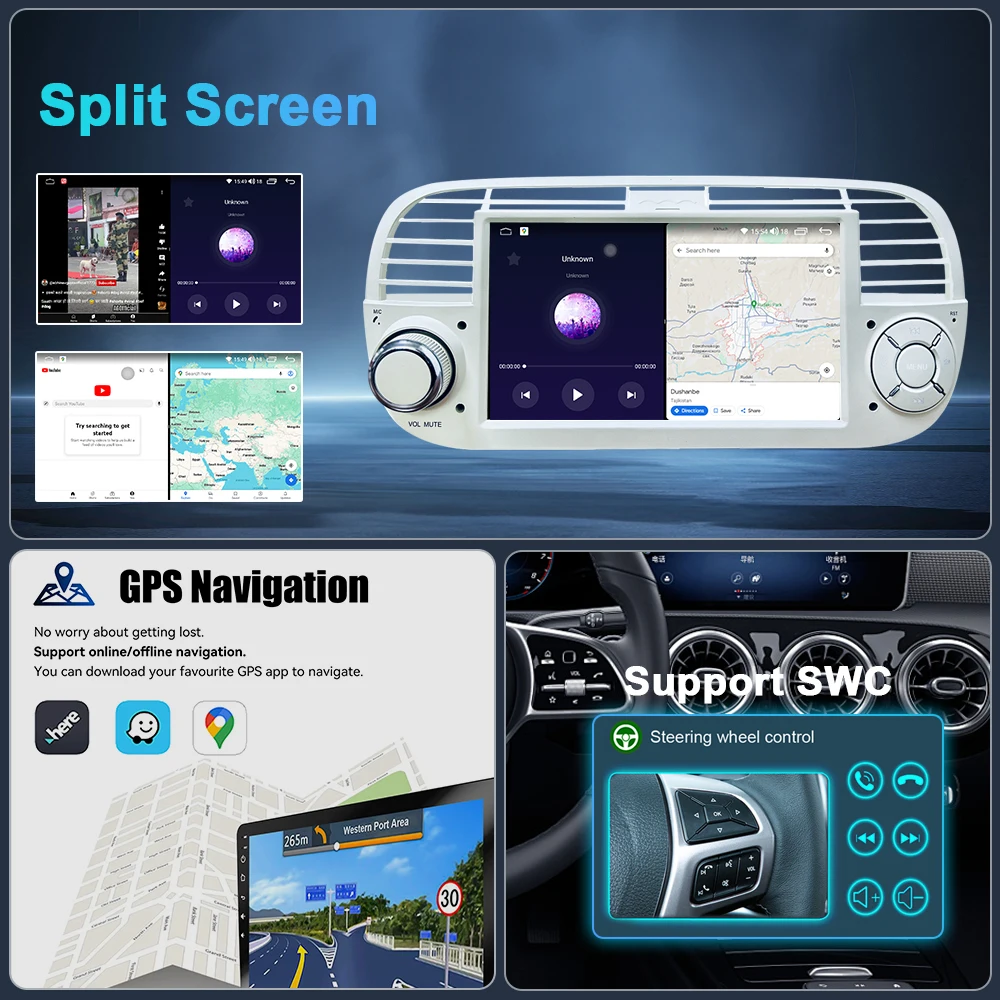Автомагнитола на Android 13 для FIAT 500 2007-2015 мультимедийный видеоплеер с GPS-навигацией
