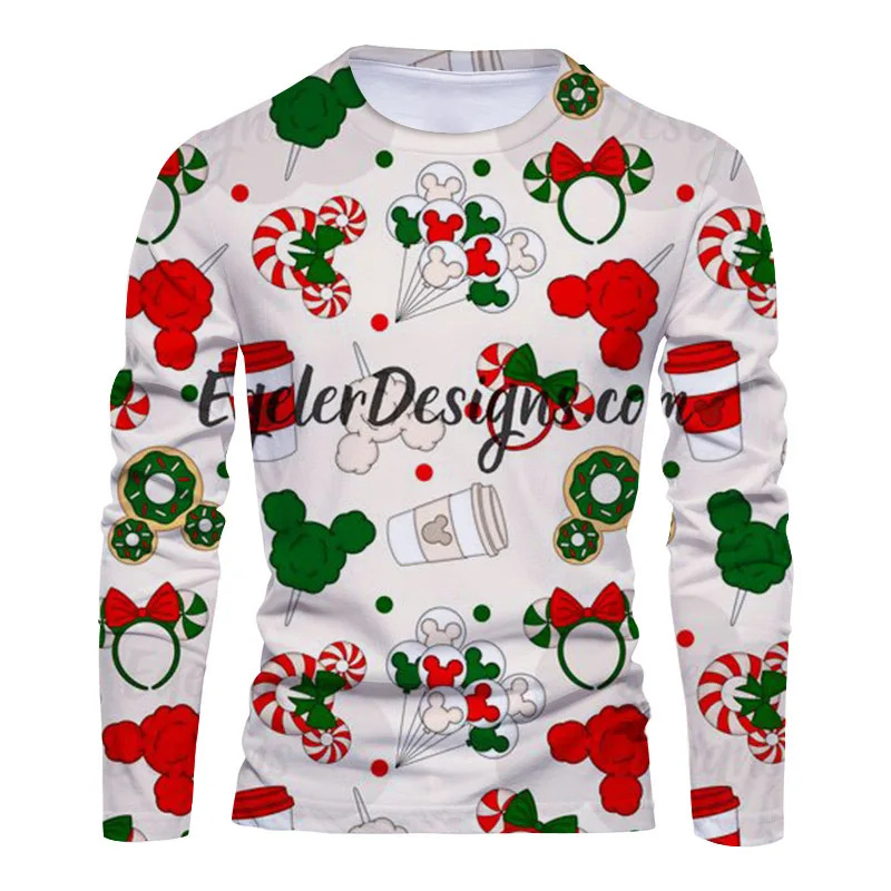 New Christmas Disney Brand Mickey and Minnie Anime 3D Printing Fashion Casual Trend Men's Round Neck Long Sleeve T-Shirt
