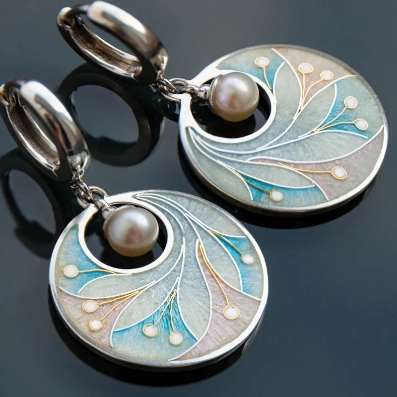 

Vintage Round Imitation Pearl Earrings Trendy Silver Color Metal Carving Colorful Flowers Dangle Earrings Jewelry