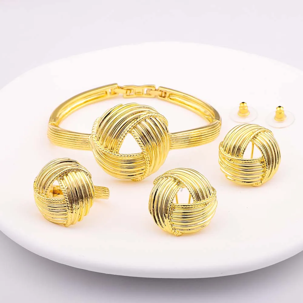 

Dubai 24K Gold Plated Copper Twisted Weave Bracelet Bangle Finger Ring Earring Jewelry Set Indian Nigerian Women Wedding Gifts