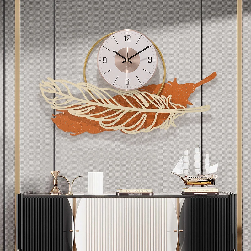 

Nordic Luxury Atmosphere Wrought Iron Feather Wall Clocks Lobby Club Wall Hanging Decoration Home Livingroom Wall Mural Crafts