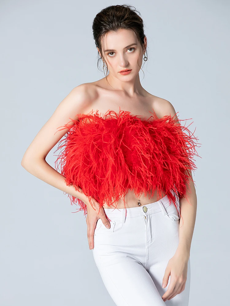 Summer Sexy Furry Top Woman Ostrich Feather Vest Fur Coat Female Natural Feather Pink Backless Tops 2022 Ladies Party Tube Tops enlarge