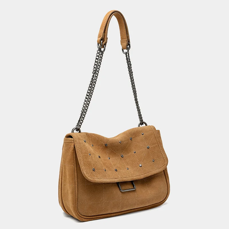 Autumn Winter New Stray Bag Rivet Small Square Bag Brown Back Velvet Cofskin One-shoulder Crossbody Bag