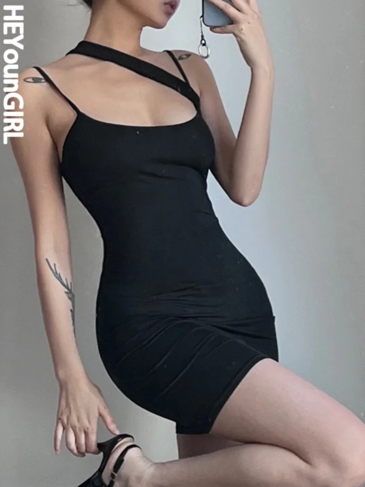 

Соблазнительное женское черное мини-платье HEYounGIRL, модные облегающие платья на бретелях с открытой спиной, Женская Клубная одежда, наряды 90-...