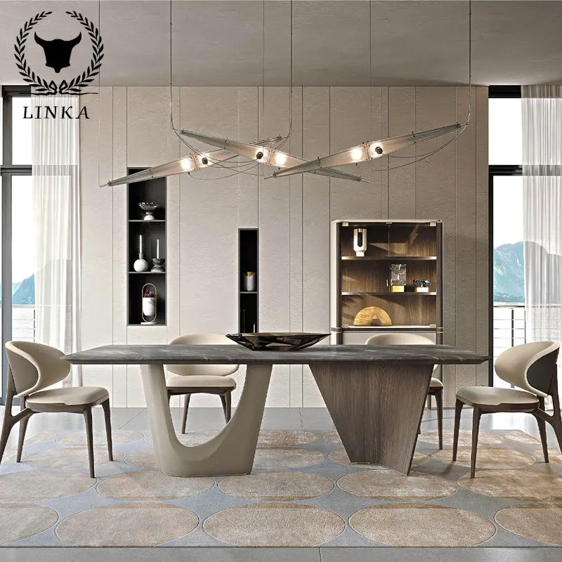 

Italian style light luxury style minimalist marble long table household table chair combination high-end designer customized fur