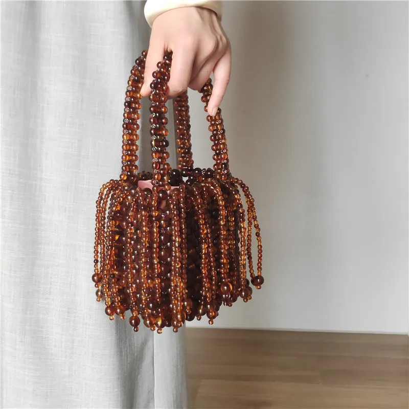 

Luxury Designer Brown Beading Tassel Handbag Women Fashion Transparent Beaded Shoulder Bag Ladies Evening Bag Party Clutch Purse