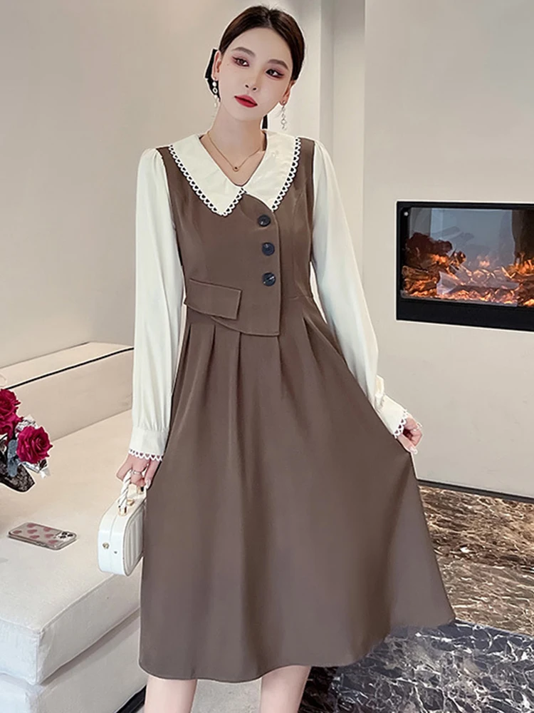

Spring Autumn Women Dress Chic Professional Turn-down Collar Slim Pleated Midi Dresses Commute Street Robe Femme Mujer Vestidos