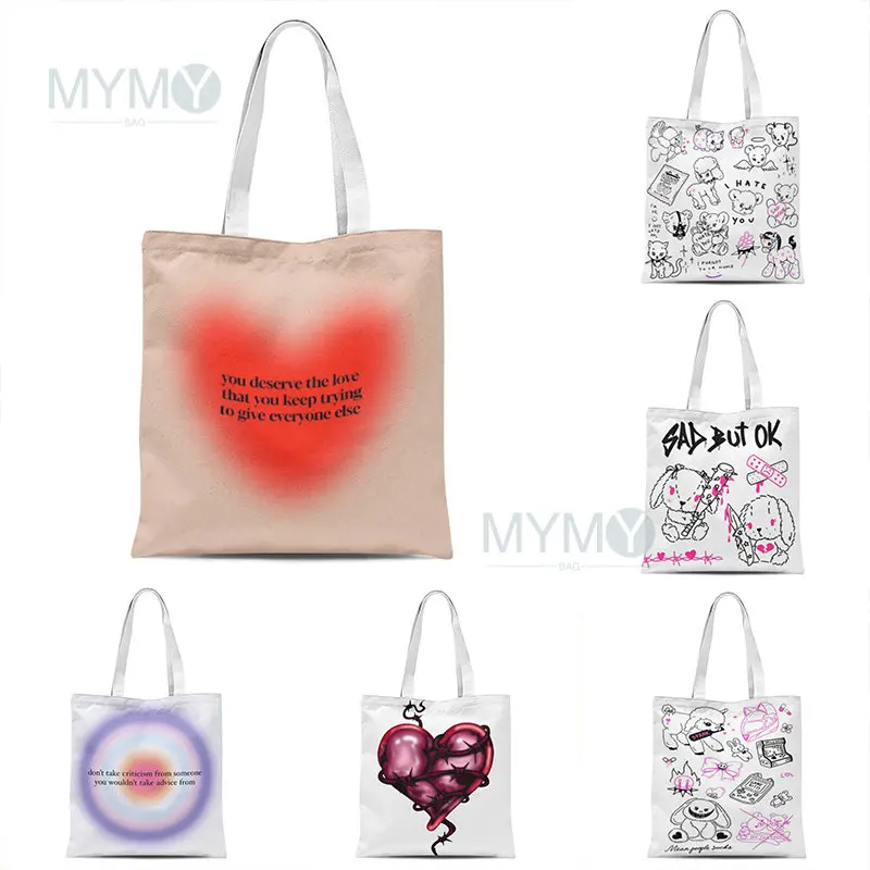 

Ins Heart Korea Ulzzang Shoulder Bag Harajuku Women Shopping Bag Love Canvas Tote Bag Eco Cartoon Teacher Shopper High Capacity