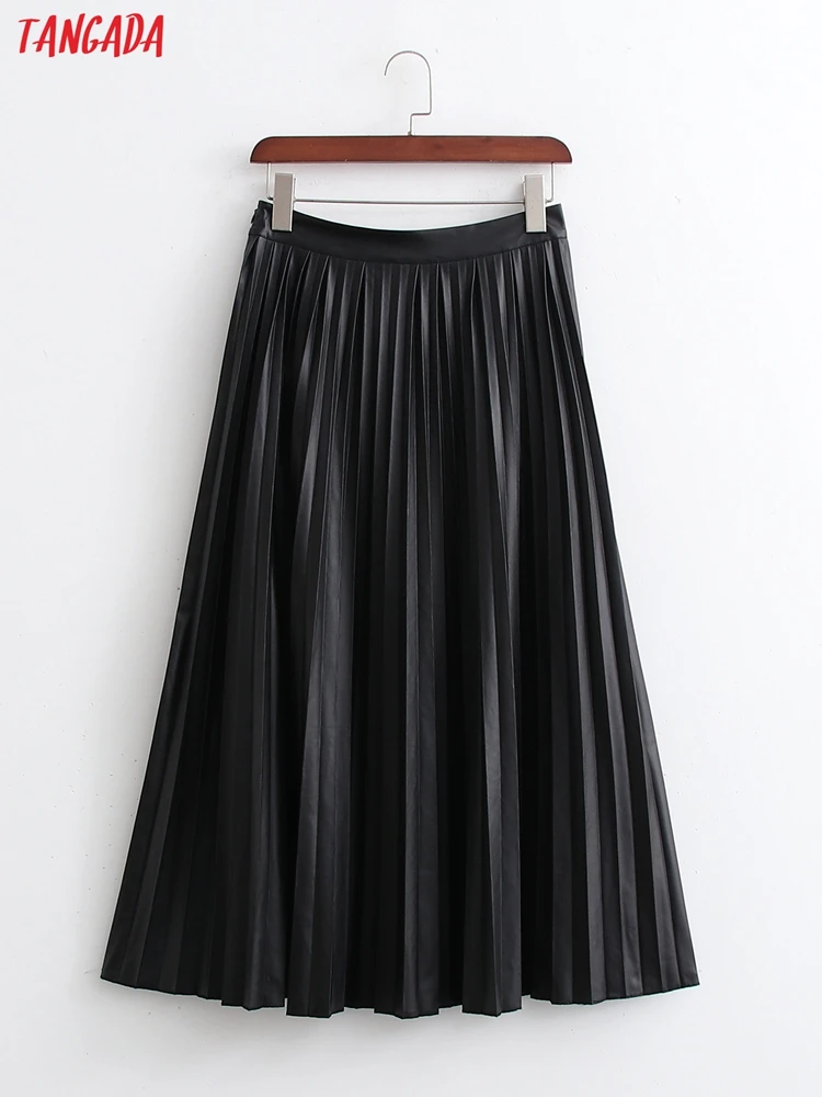 Lateral do Vintage Meados de Bezerro Tangada Novas Mulheres Preto Falso Couro Plissado Midi Saia Zíper Senhoras Chique Saias 1d173 2022