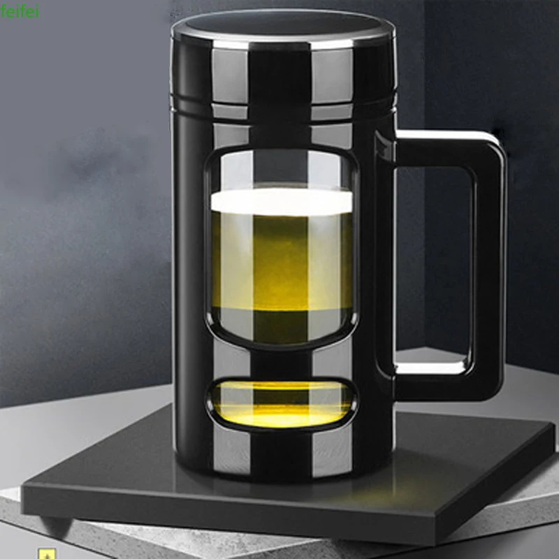 Insulated Glass Insulated Glass With Handle, Office Cup With Filter, Double-layer Tea Cup With Lid Insulated Glass B20050