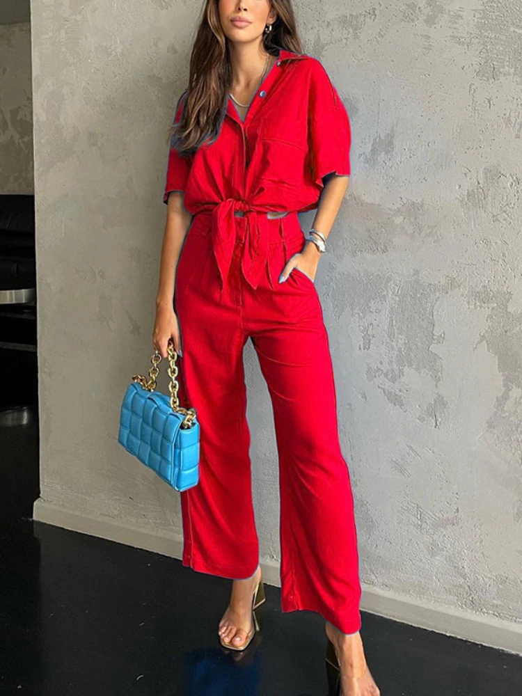 

Ladies Suits 2 Piece Sets Women Outfits Summer Fashion Loose Short Sleeved Solid Color Commuting Style Wide Leg Pants for Women