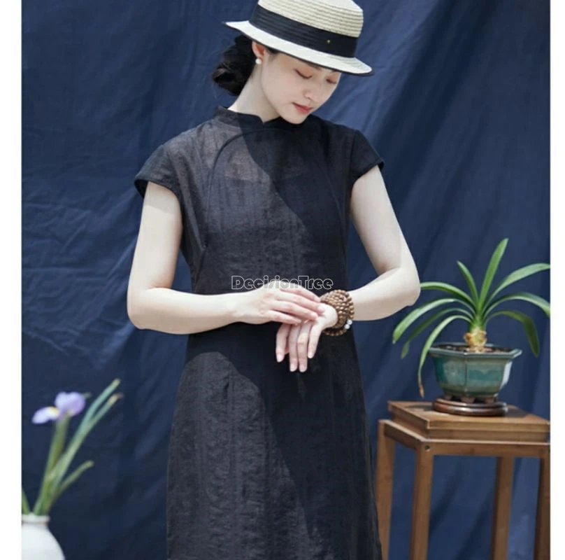 2024 Ретро китайское этническое стильное хлопковое льняное платье Ципао летнее