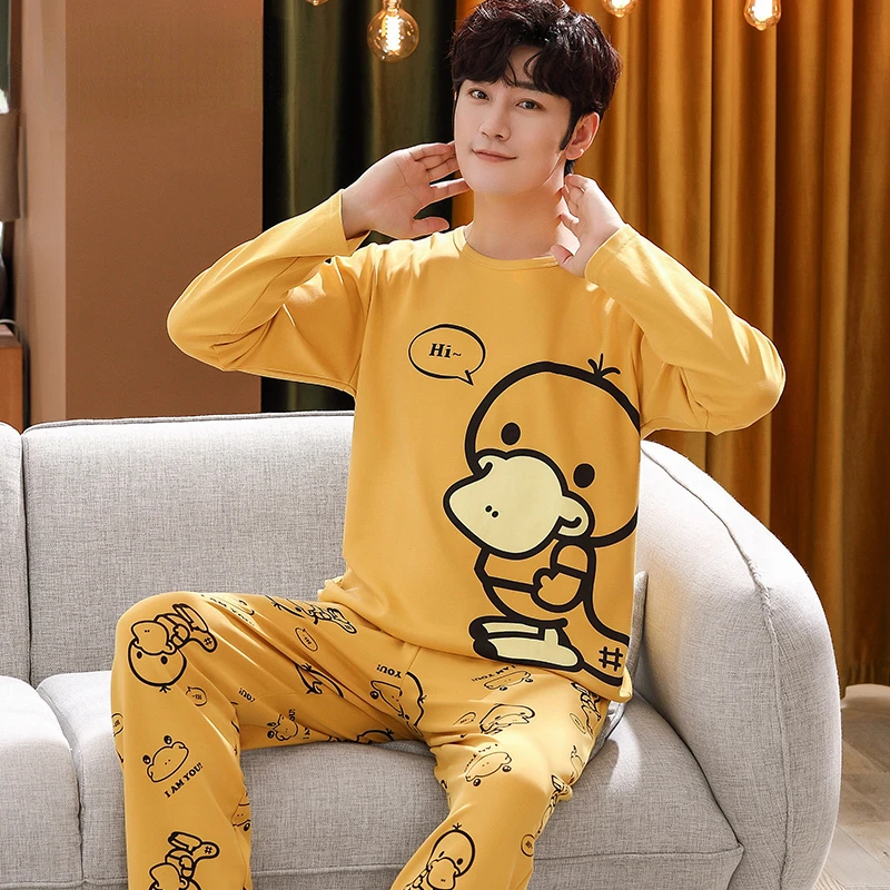 Big Size Autumn New Mens Casual Pajamas Set Cotton Long Sleeve Kawaii Bear Cartoon Printing Sleepwear for Men Pijama for Boy