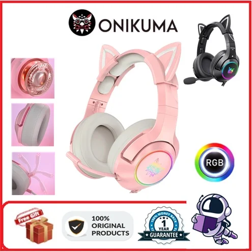 

ONIKUMA K9 Pink Cat Ear Headphones with RGB LED Light Flexible Mic Gaming Headset 7.1 Surround Computer Earphones for PC Gamer