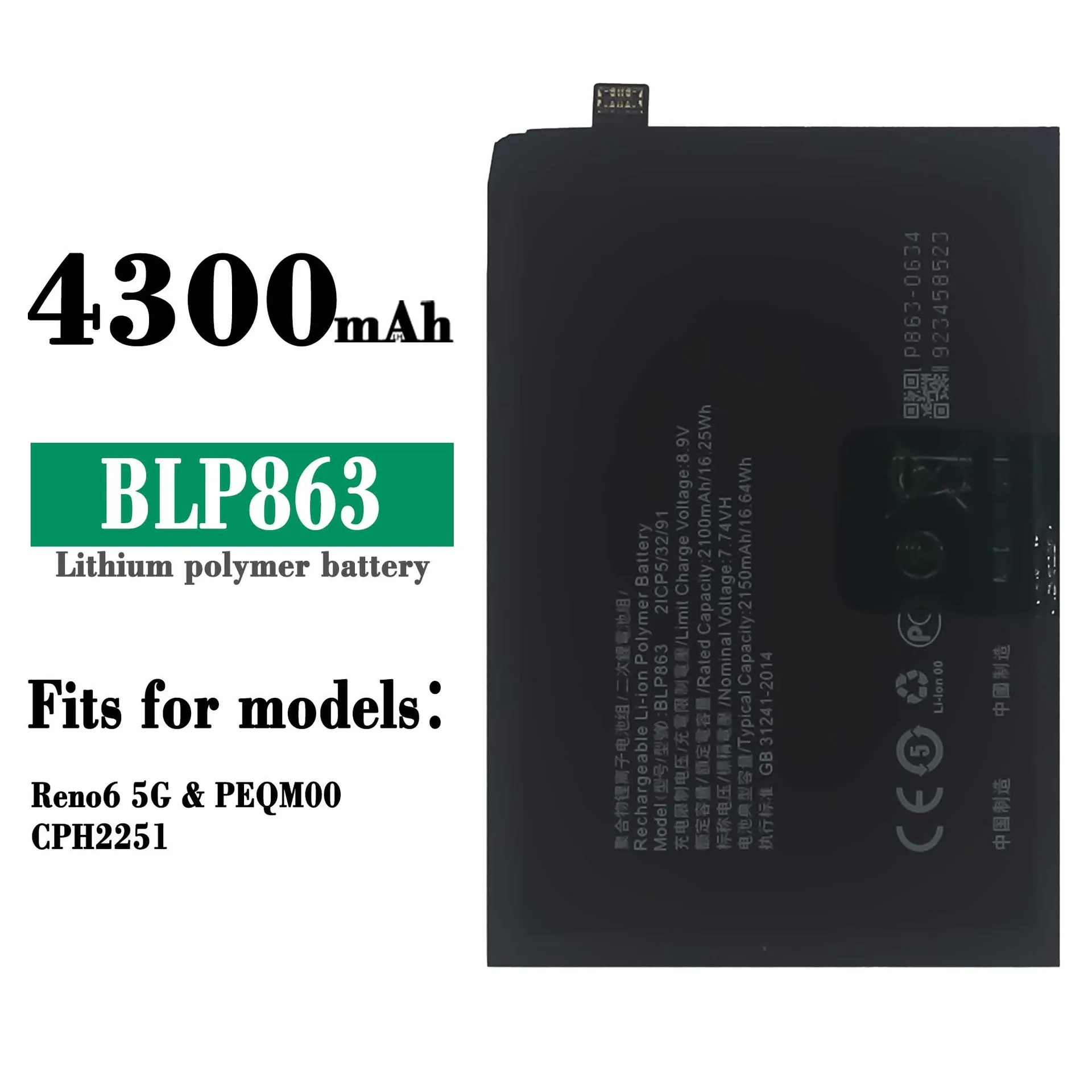 

100% Orginal High Quality Replacement Battery For OPPO Reno6 5G PEQM00 BLP863 Built-in High-capacity Mobile Phone Batteries