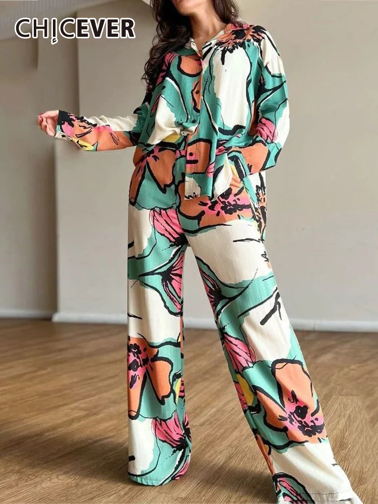 

CHICEVER Printing Two Piece Set For Women Lapel Long Sleeve Loose Shirt High Waist Loose Wide Leg Pants Casual Sets Female New