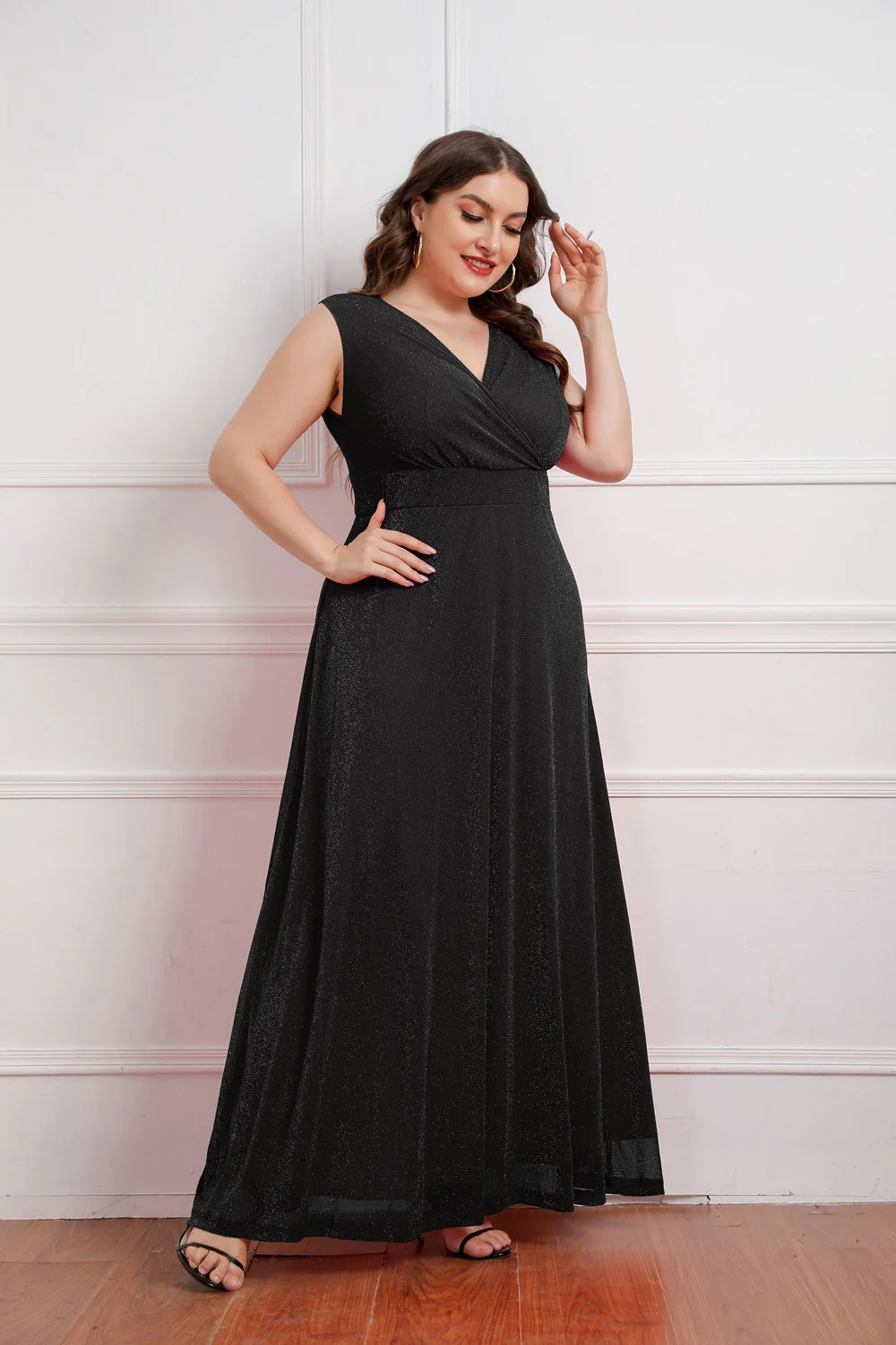 Plus Size Women's Clothing Evening Party Dress 2023 Large Women Summer New Sleeveless V-neck Dress Solid High Waist Long Dress