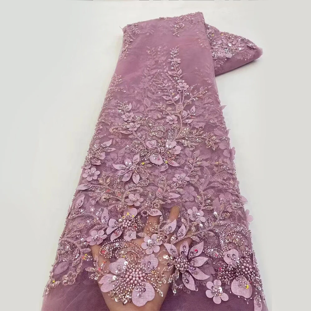 Элегантная Кружевная Ткань С 3d Цветочной Вышивкой И Бусинами. Последняя Модель