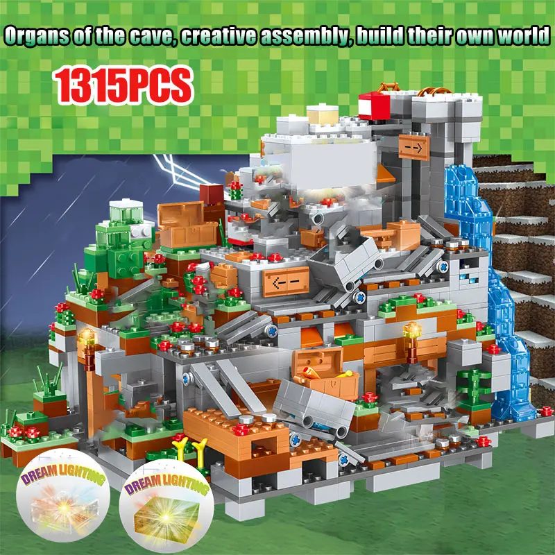

NEW 1315PCS Compatible My World Building Blocks Mountain Cave Elevator Village Figures Module Bricks DIY Toys for Children