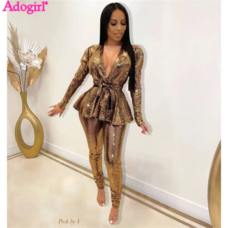 

Adogirl Sparkling Gilding 2 Piece Sets Women Sexy Deep V Neck Long Sleeve Shirt Top with Belt Pencil Pants Club Party Suits