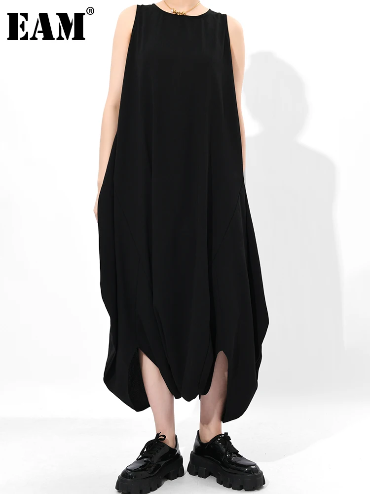 

[EAM] Women Black Loose Big Size Long Jumpsuit New High Waist Pocket Stitch Pants Fashion Tide Spring Summer 2022 1DD231001
